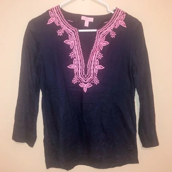 Lilly Pulitzer Amelia Island Embroidered Linen Tunic Blouse Pink Blue XS - Picture 2 of 5